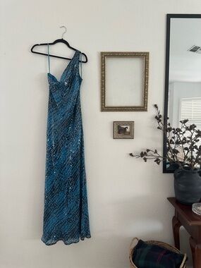 VINTAGE KAY UNGER ZEBRA BLUE SEQUIN ONE SHOULDER MAXI DRESS 10